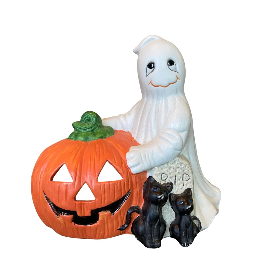 Vintage Ceramic Halloween Candle Holder Ghost Pumpkin Cats
